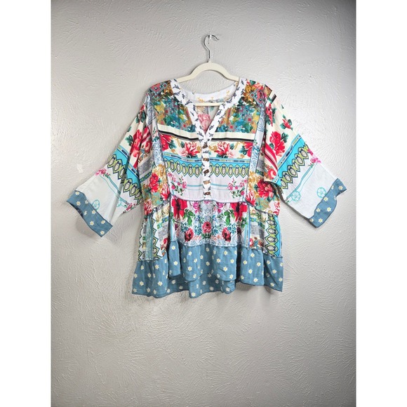 John Mark Tops - John Mark Floral Patchwork Blouse L Multi Color Relaxed Eclectic Boho Artsy Top